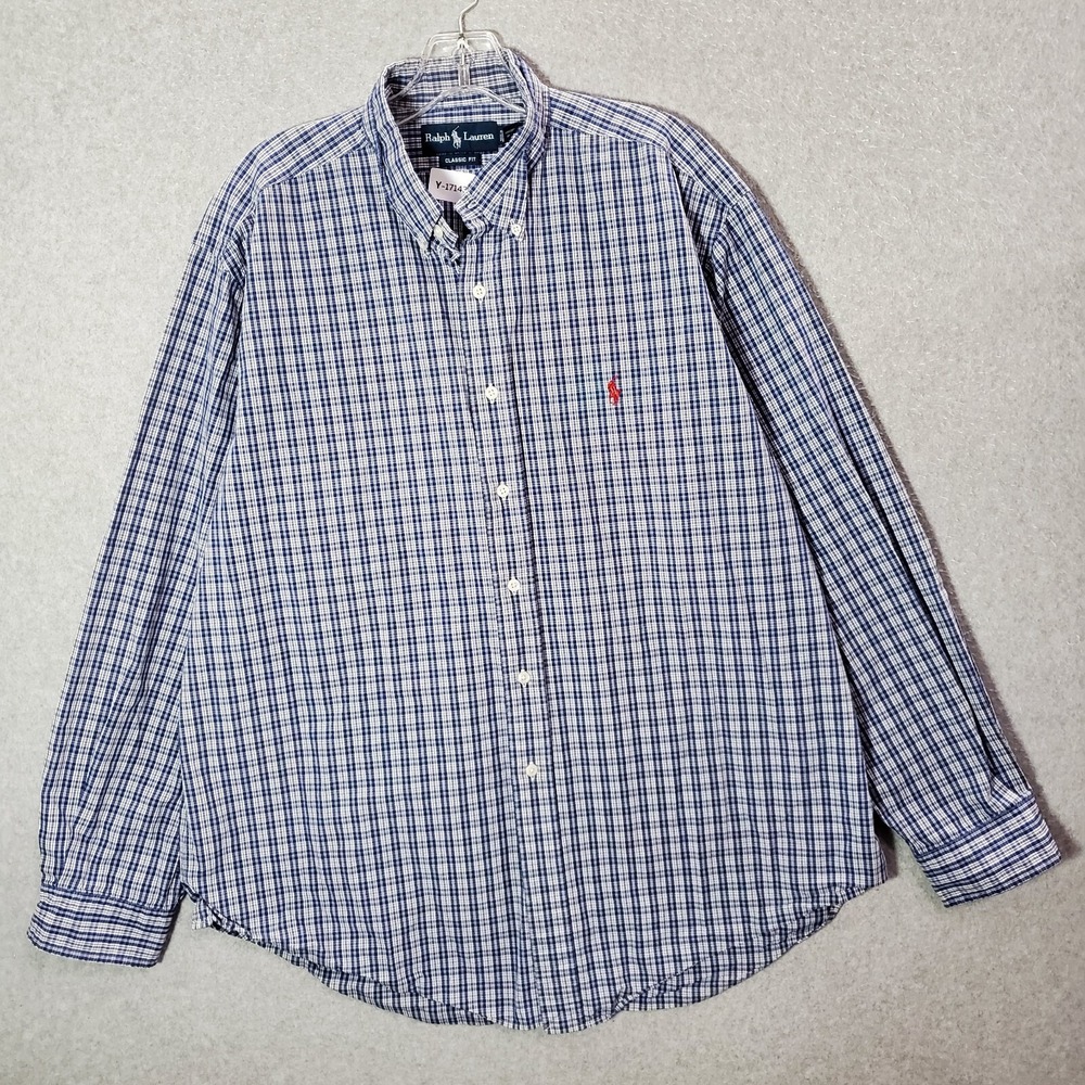 VINTAGE Ralph Lauren Men Button Up Shirt XL Plaid Classic Fit Logo‎ Long Sleeve